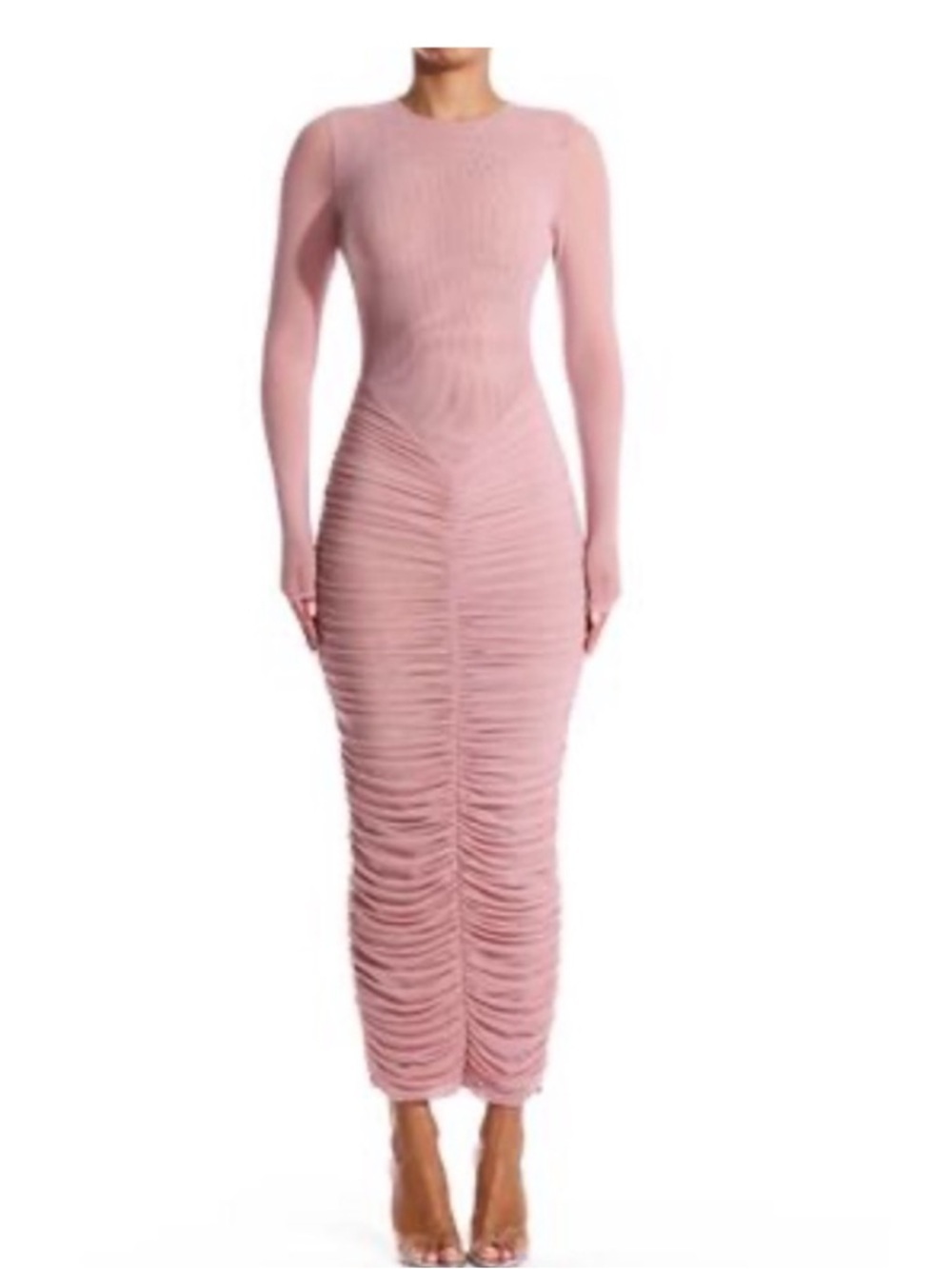 NWT Naked Wardrobe Meshed It All Up Long Sleeve Maxi Dress in pale pink